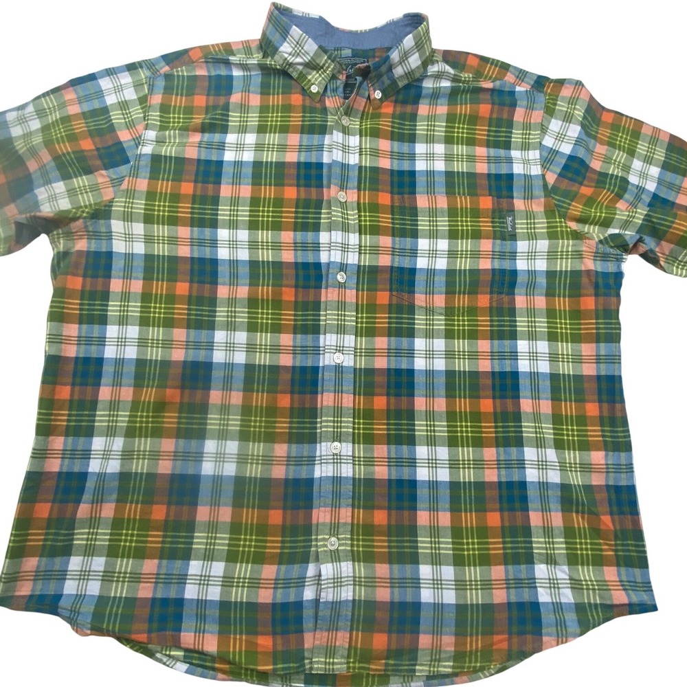 Woolrich Mens XXL Plaid Short Sleeve Button Down Shirt Green Orange Cotton